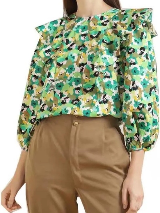 Ted Baker Tops - Ted Baker Gigie Green Floral Frill Shoulder Blouse Balloon Sleeve Size 1 US 4